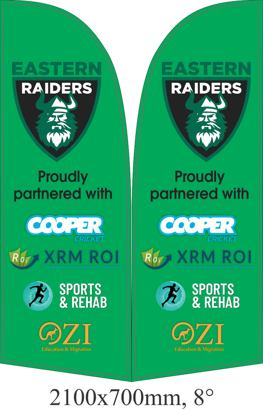 Feather banners on sports field showing sponsors and court numbers in Melbourne