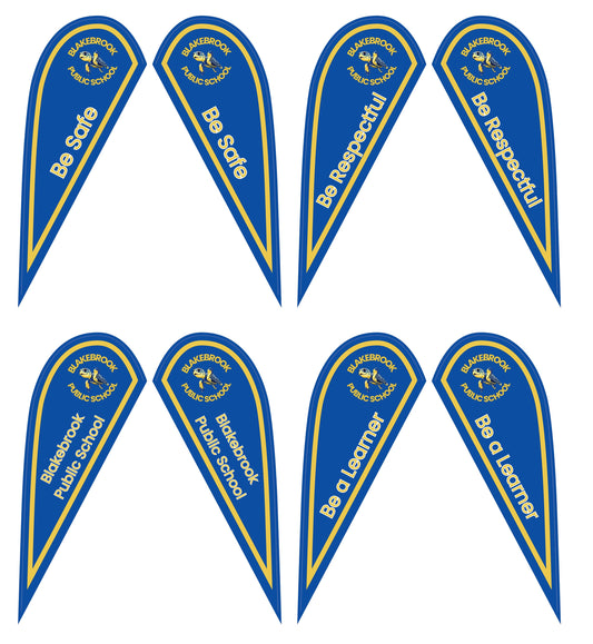 Feather flags and advertising flags used at Easter events for cafes, schools, and food stalls