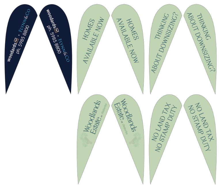 Teardrop banners displayed at a holiday park entrance in Melbourne, demonstrating portable and eye-catching custom flags for accommodation branding