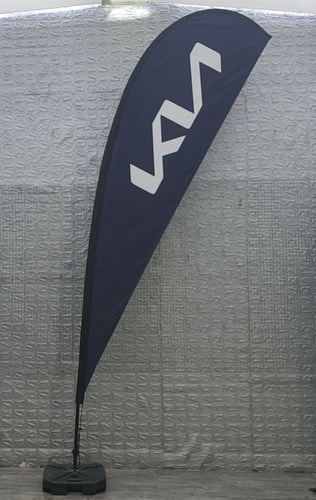 Teardrop banner flag displayed with a water tank base, ideal for promoting businesses in Sydney and Melbourne