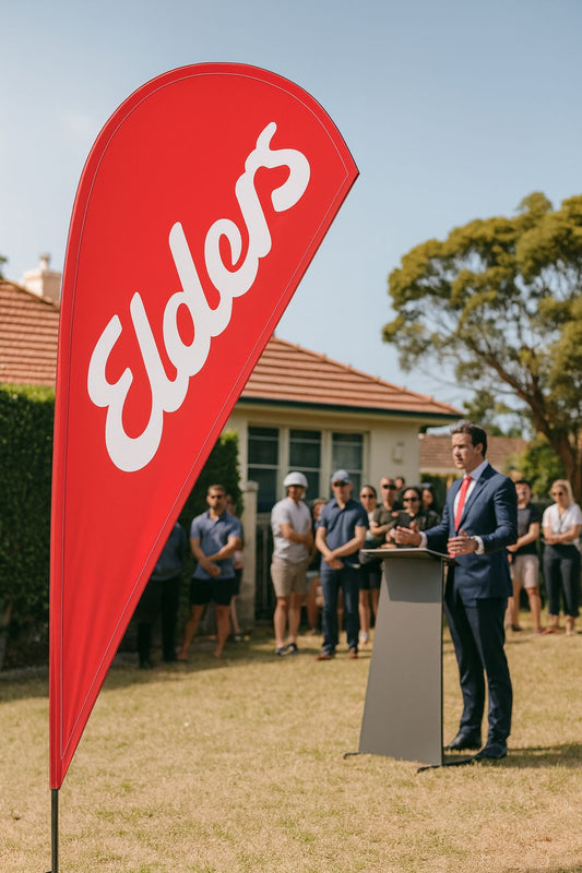 Mesh and teardrop banners for real estate marketing in Melbourne