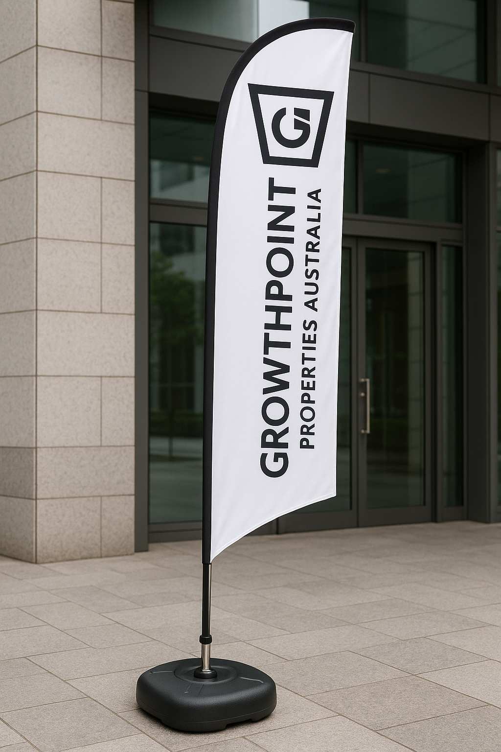 Teardrop banners and flag banners at property leasing entrance in Australia for wayfinding