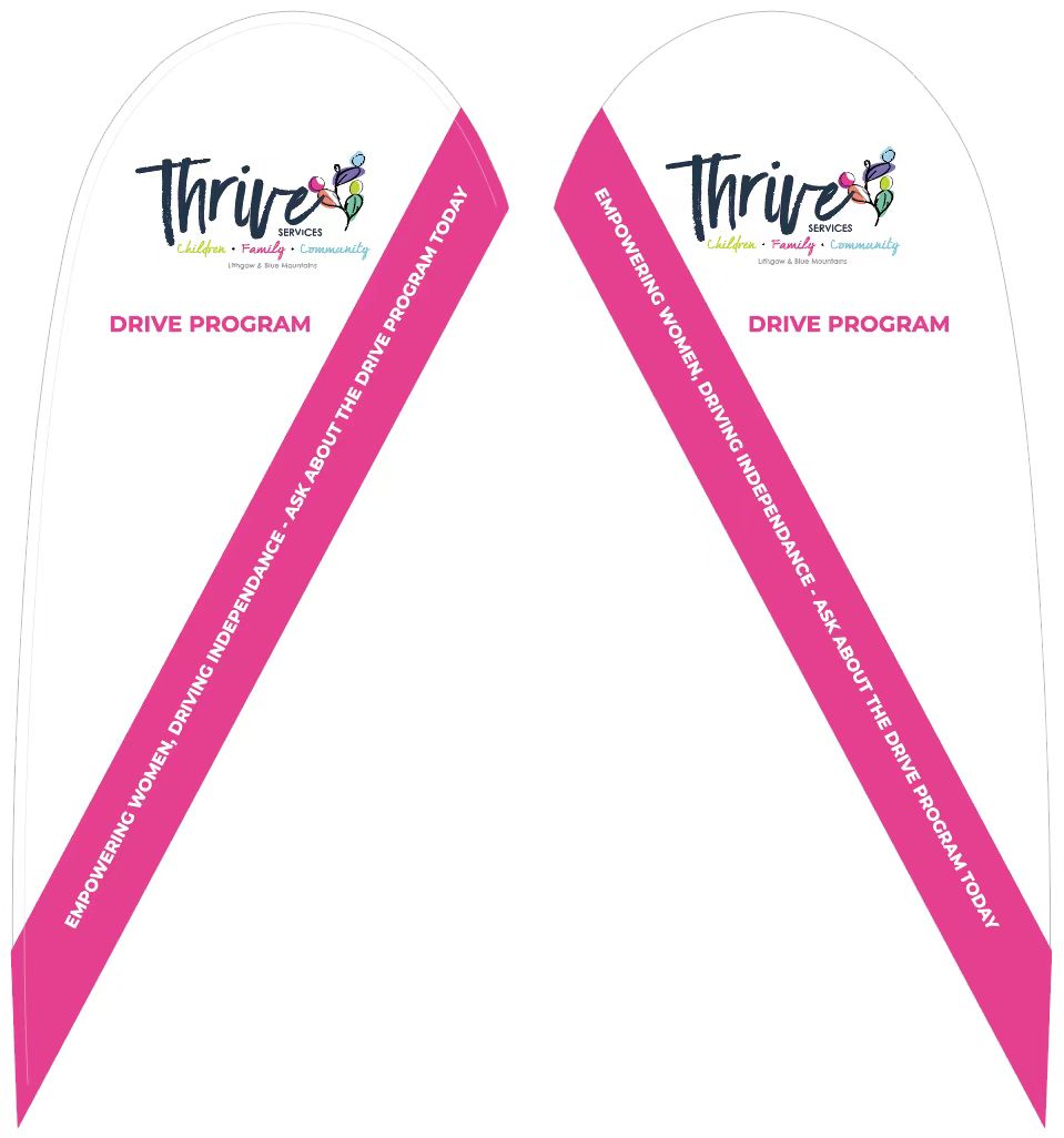 Feather banners promoting family support services by Thrive Services in Blue Mountains