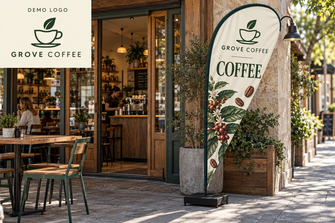 AI concept showing the Grove Coffee demonstration logo beside a cream and green teardrop banner with coffee leaf illustrations.