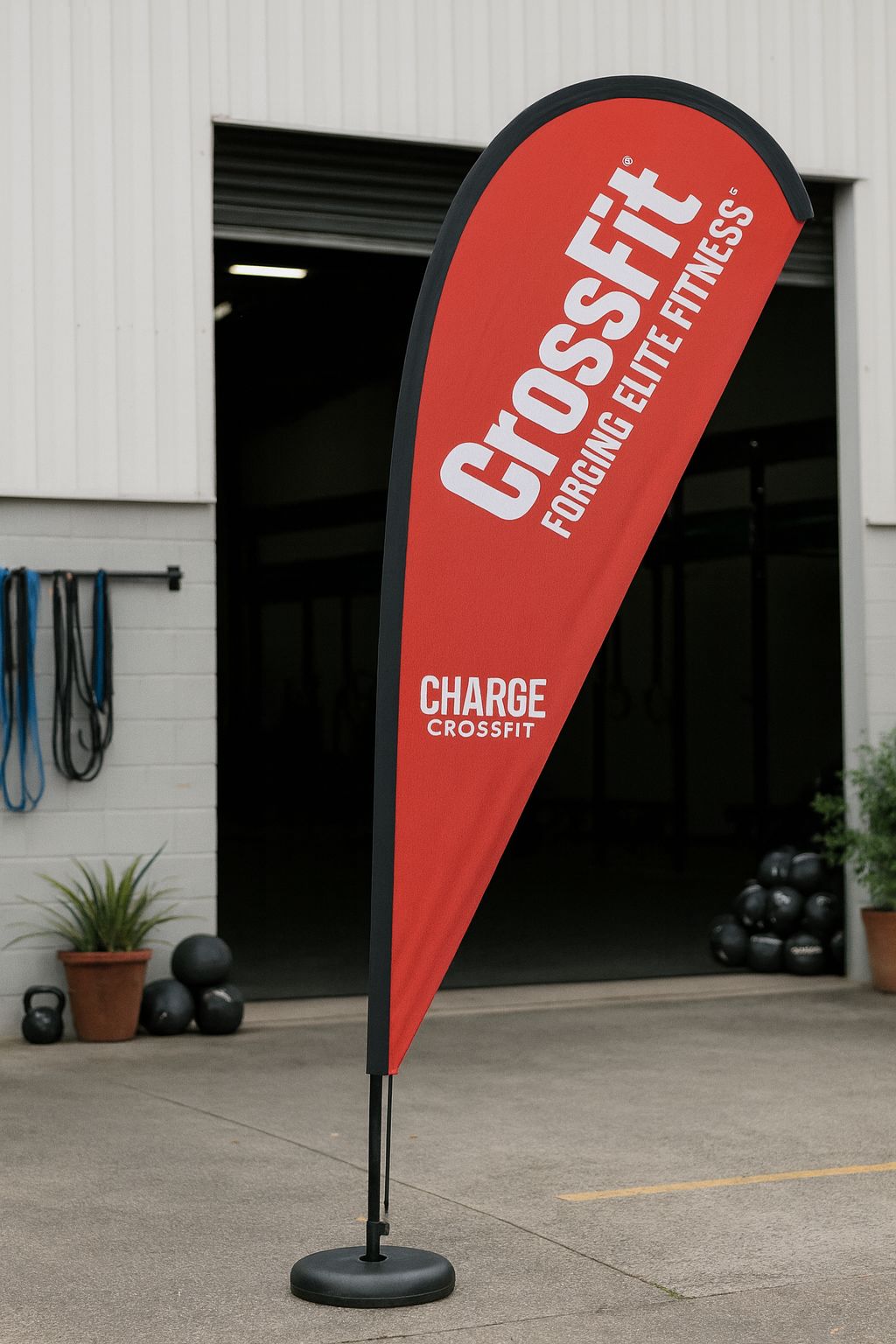 Canva-designed teardrop banner template for fitness promotions