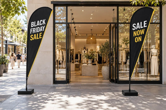 Black Friday Sale and Sale Now On teardrop banners outside a fashion boutique in an Australian retail mockup.