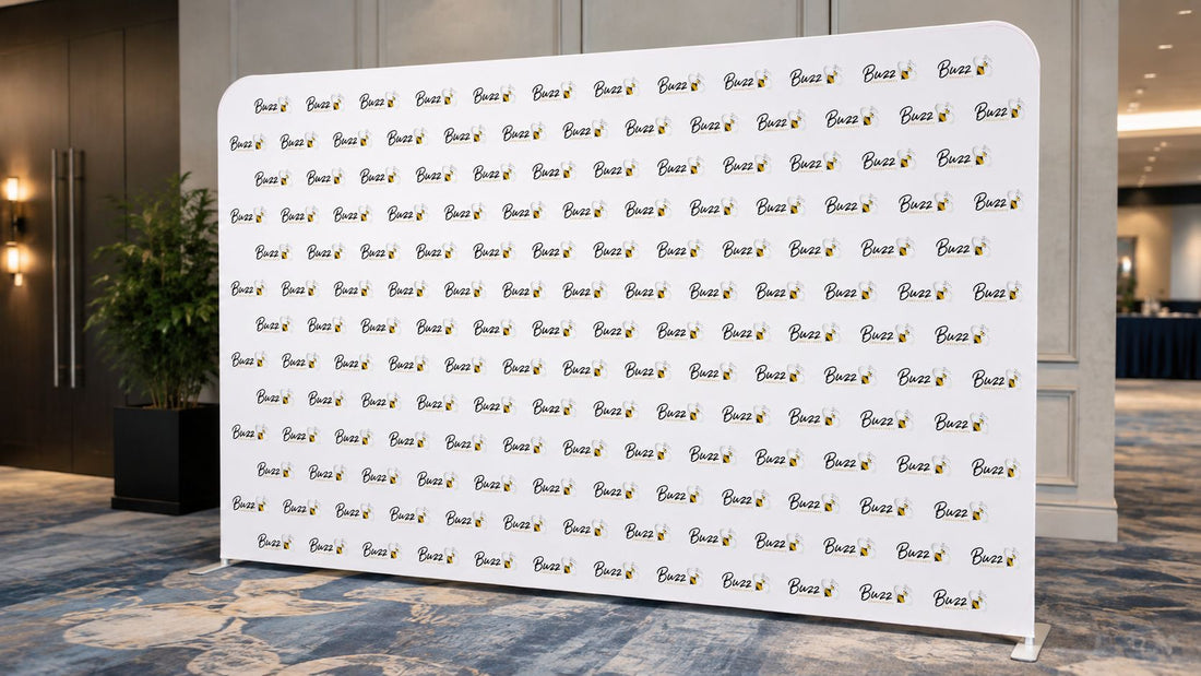 Custom media wall backdrop Australia showing repeated logo design for events trade shows and expos