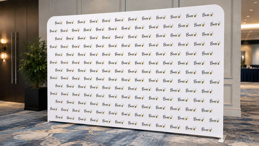 Custom media wall backdrop Australia showing repeated logo design for events trade shows and expos