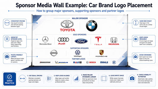 Custom media wall backdrop example showing major sponsor gold sponsor supporting sponsor and partner logo placement
