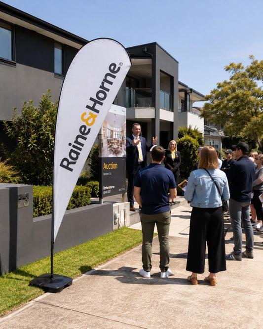 teardrop banner for real estate open home and auction advertising