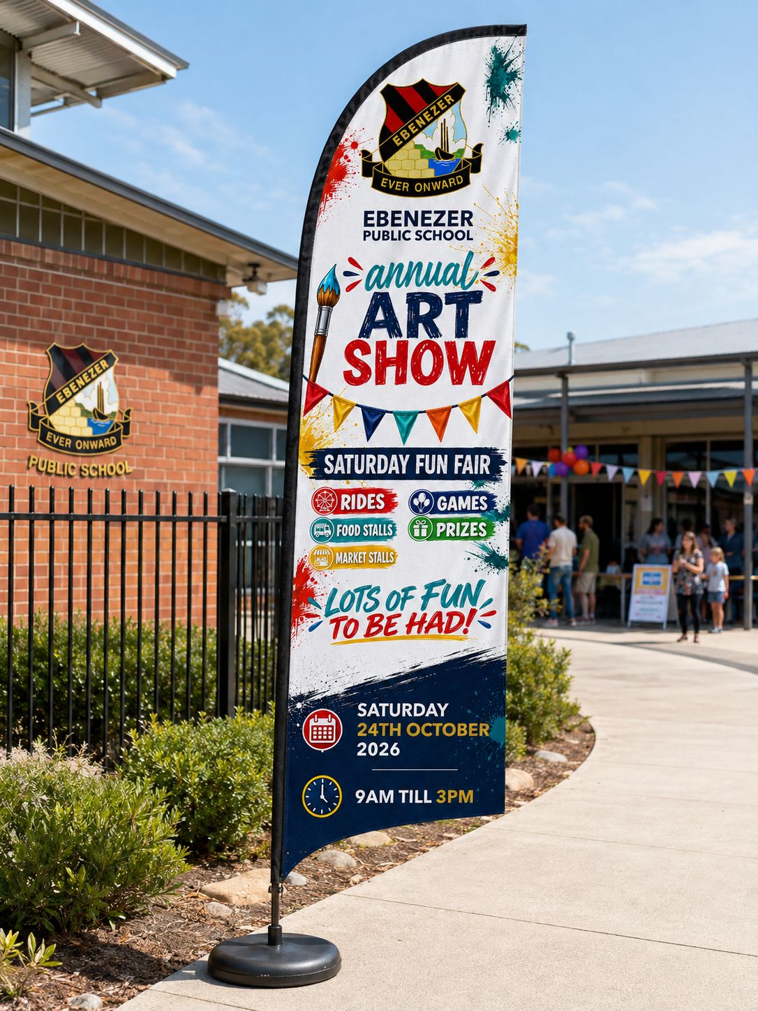 Custom school feather banner Australia with clear event message for art show rides games food stalls and prizes