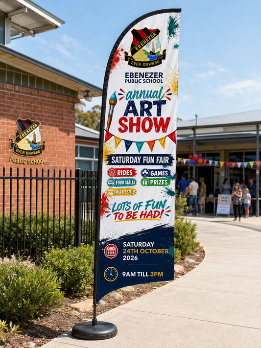 Custom school feather banner Australia with clear event message for art show rides games food stalls and prizes