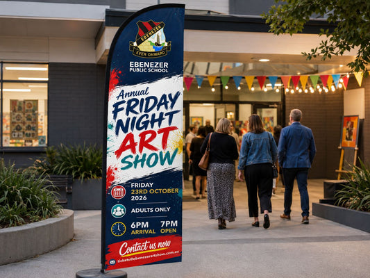 Custom feather banner Australia showing annual Friday Night Art Show message for school event promotion