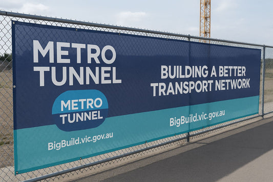 Teardrop banner and mesh banner signage for construction and metro projects in Australia
