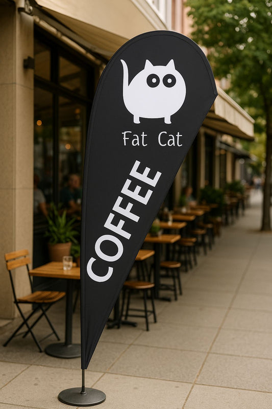 Black custom teardrop banner with white Fat Cat Coffee logo and COFFEE text