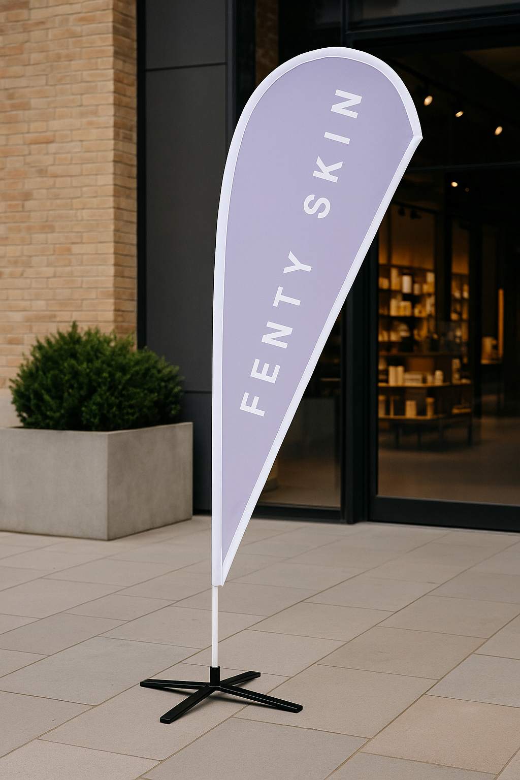Custom flag bunting decorating a beauty product pop-up booth in Melbourne