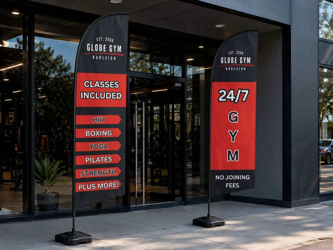 Teardrop banners and feather banners for gyms and fitness studios Australia with custom flags