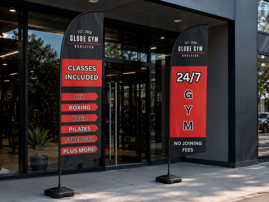 Teardrop banners and feather banners for gyms and fitness studios Australia with custom flags
