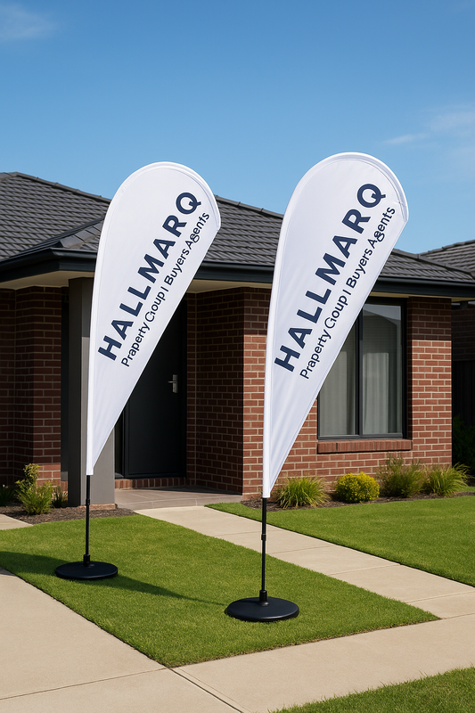 Open home flag banners outside residential property
