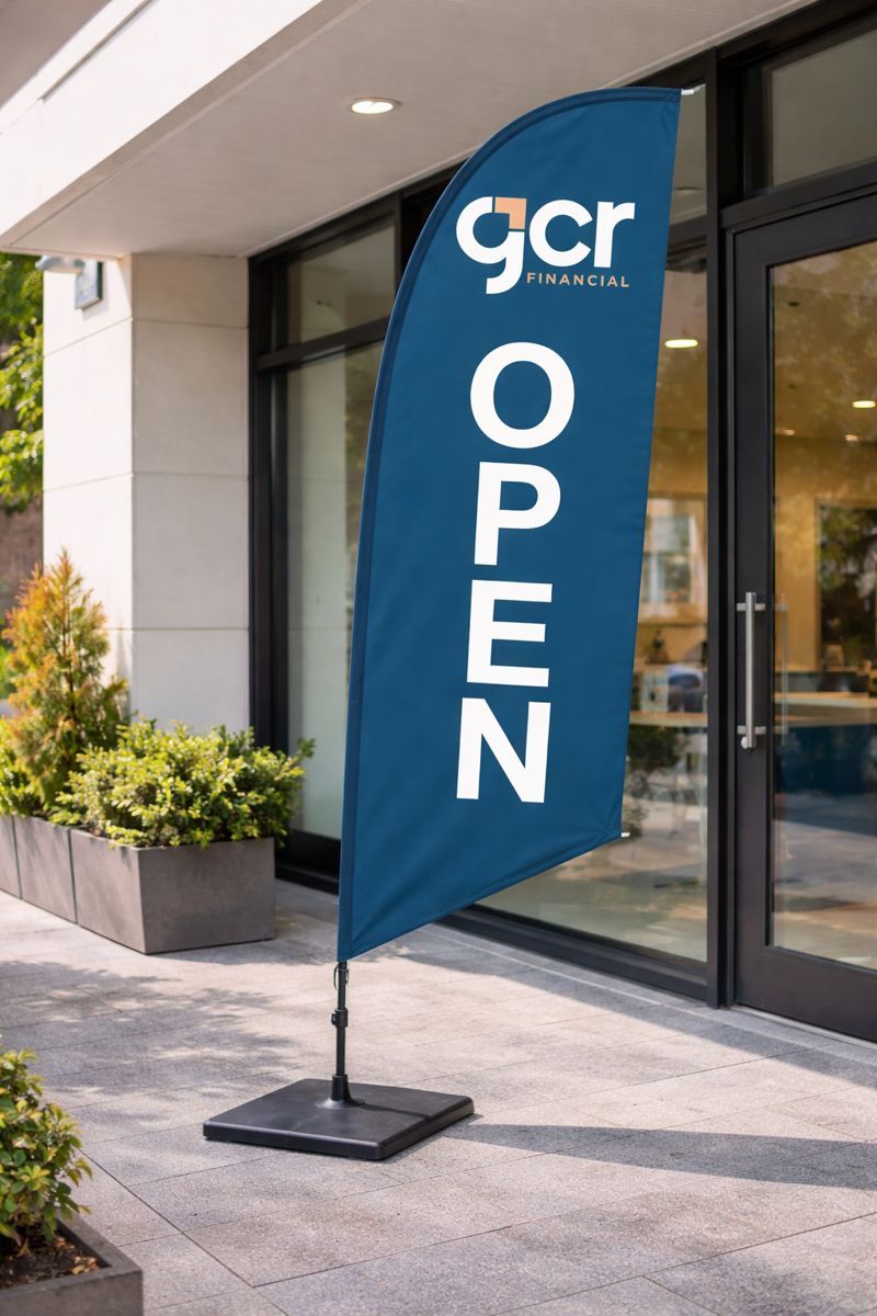 Feather banner australia with fibreglass pole installed in a high wind commercial area