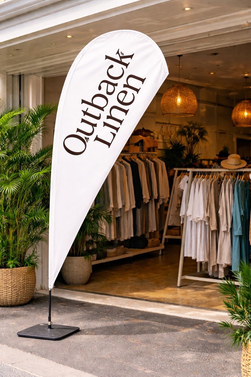 Custom teardrop flags in Sydney retail environment demonstrating long lasting outdoor banner quality