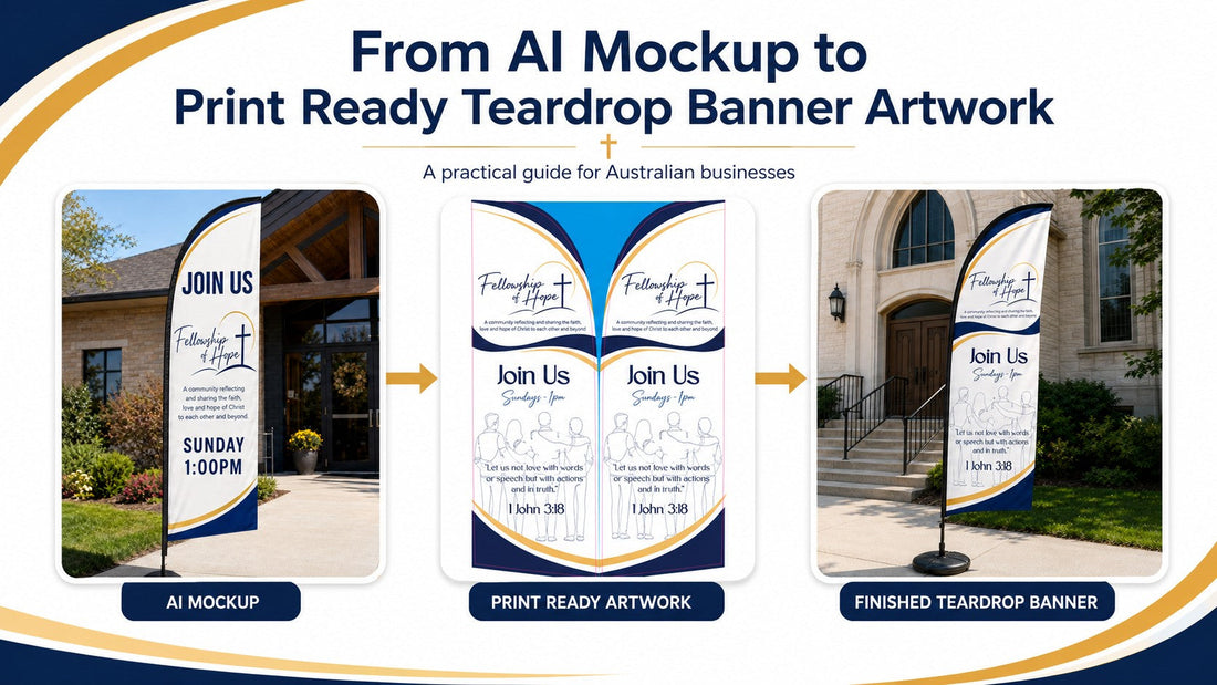 main banner AI mockup converted into print ready teardrop banner artwork and finished teardrop banner display for Australian businesses