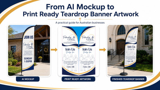 main banner AI mockup converted into print ready teardrop banner artwork and finished teardrop banner display for Australian businesses
