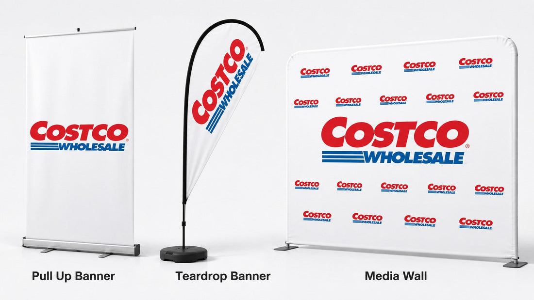 Custom media wall backdrop pull up banner and teardrop banner example using branded logo designs