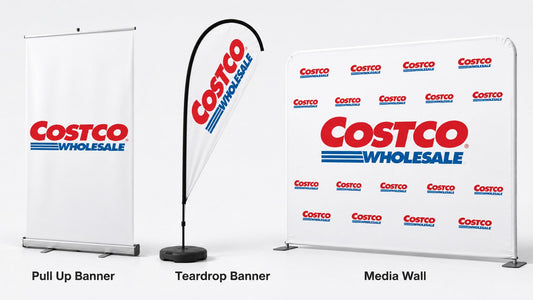 Custom media wall backdrop pull up banner and teardrop banner example using branded logo designs
