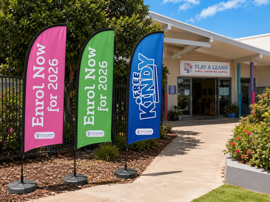 Teardrop banners for childcare centres Australia with custom flags for enrolments open days and school events