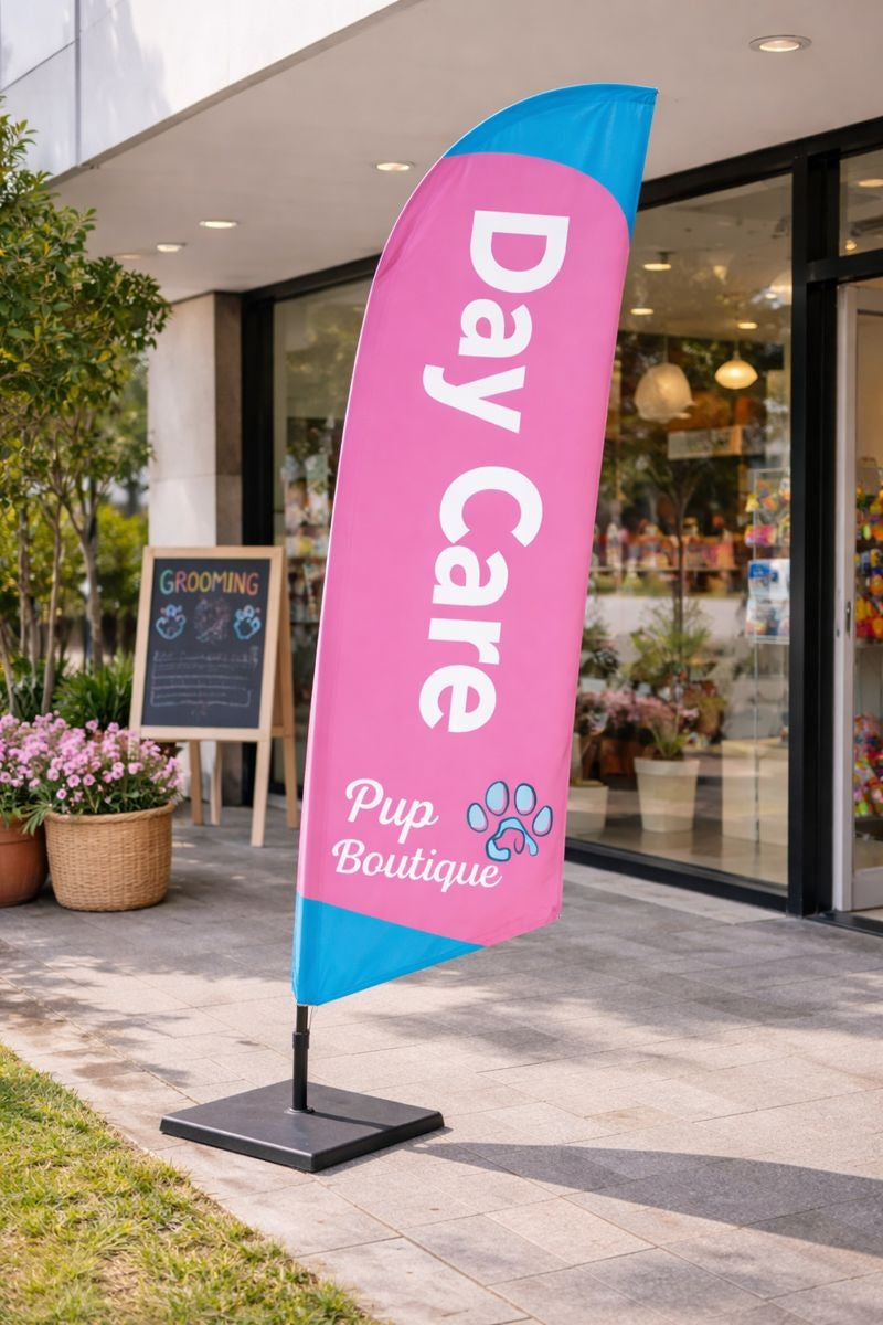 Custom feather banner fabric printing example illustrating CMYK vs Pantone colour differences