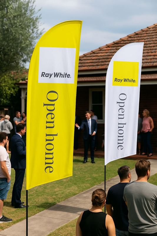 Feather and teardrop banners for real estate event marketing in Australia
