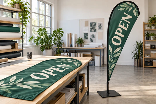 Green Open replacement banner fabric on a workbench beside an assembled teardrop flag on a square base.