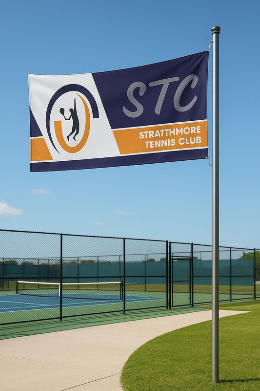 Sports club branding using banner flags and custom mesh banners at tennis venue.