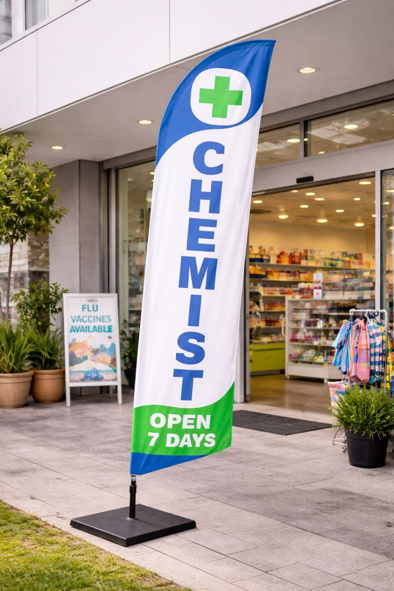 Flag banner placed at a pharmacy entrance for medical and health promotion