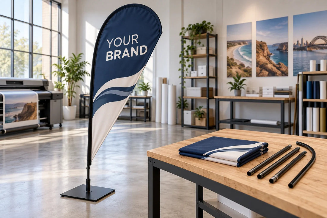 Navy teardrop banner on a square base beside folded printed fabric and separate pole sections in a studio.