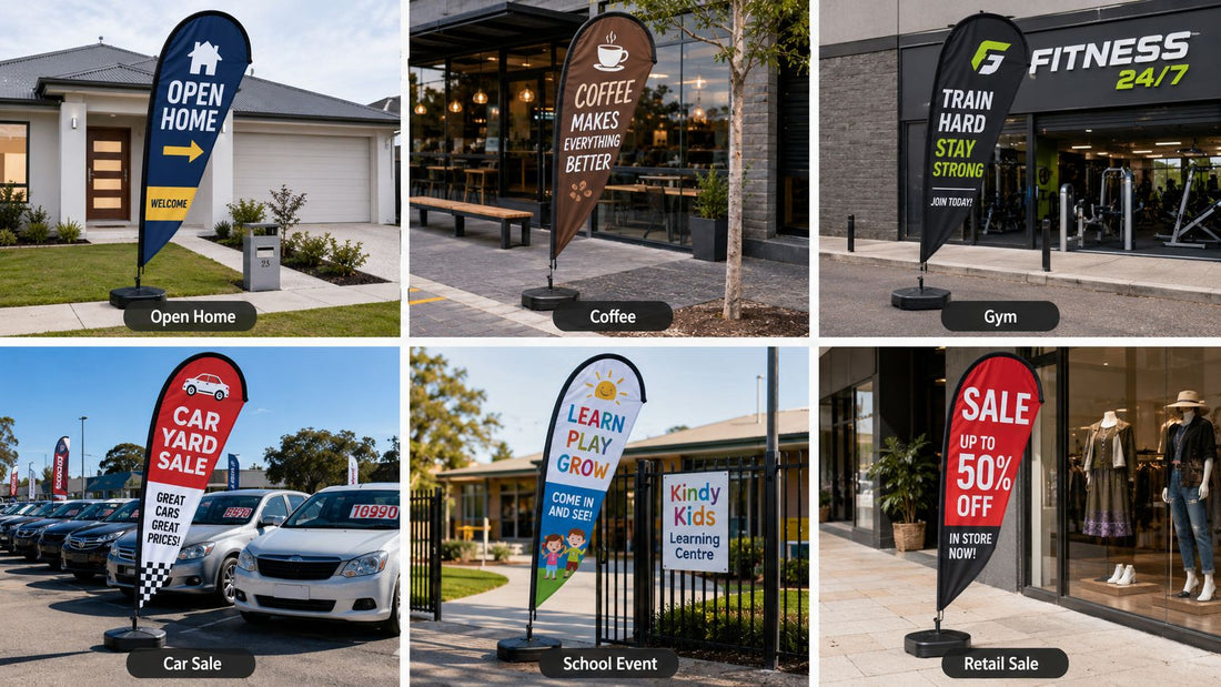 Teardrop banner examples for Australian businesses including real estate cafes gyms car yards schools and retail shops