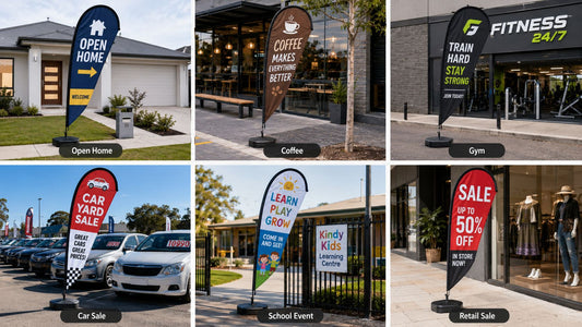 Teardrop banner examples for Australian businesses including real estate cafes gyms car yards schools and retail shops