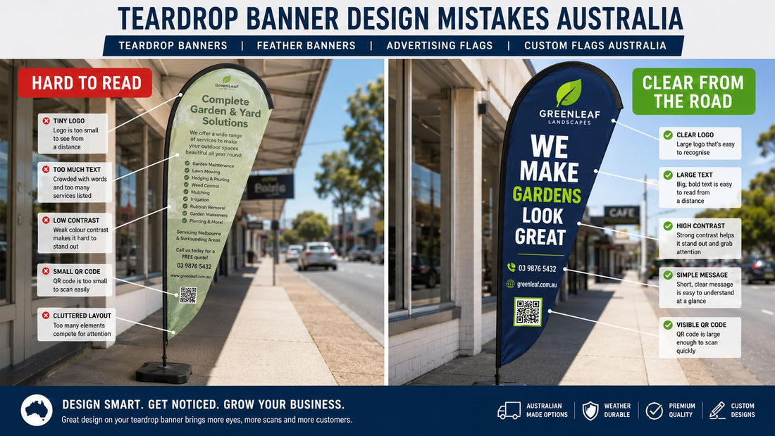Bad vs good teardrop banner design comparison for readable roadside advertising flags Australia