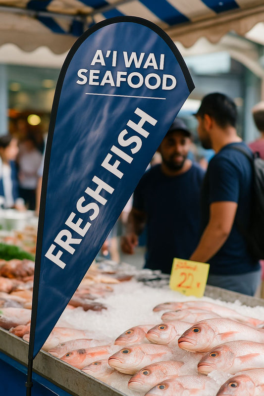 print-ready teardrop banner artwork demonstrating DPI, margins and trim lines