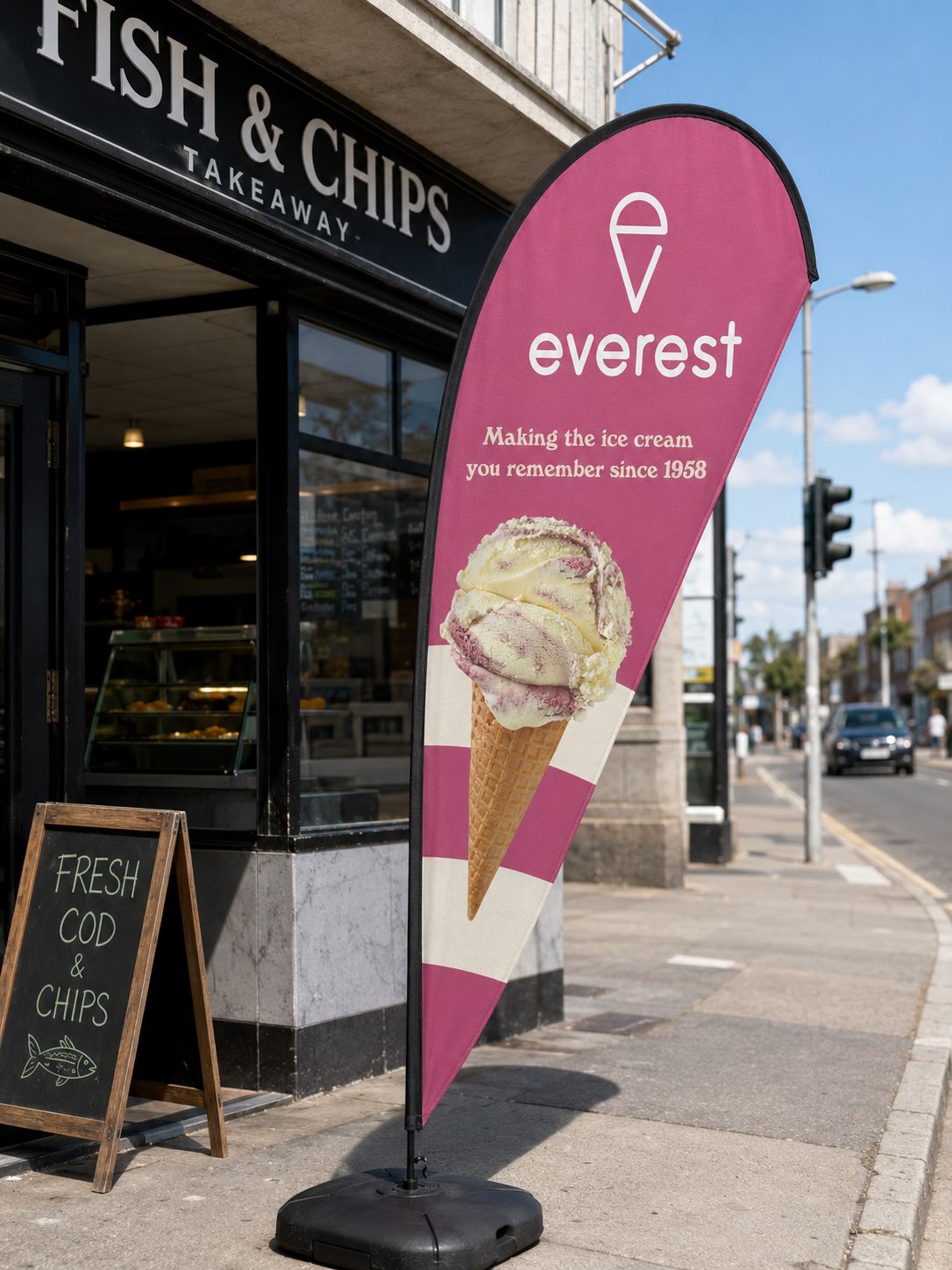 custom teardrop banner for restaurant and fish and chips shop Australia