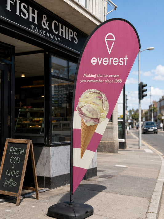 custom teardrop banner for restaurant and fish and chips shop Australia