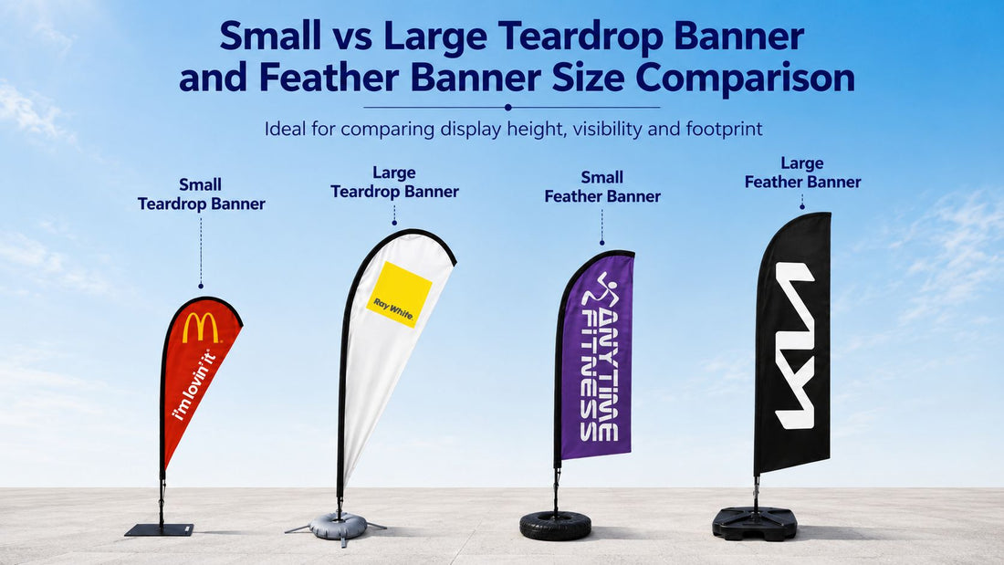 Teardrop banner size guide showing small teardrop banner, large teardrop banner, small feather banner and large feather banner