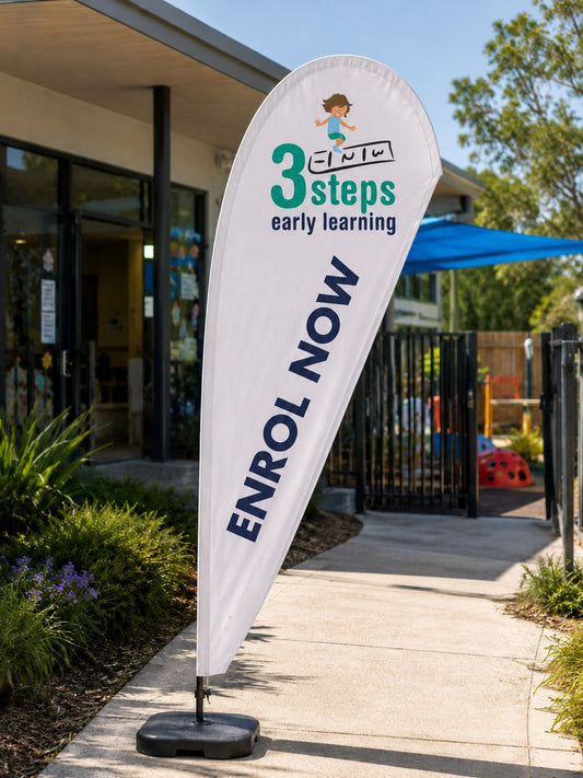 custom flags Australia teardrop banner outside early learning centre