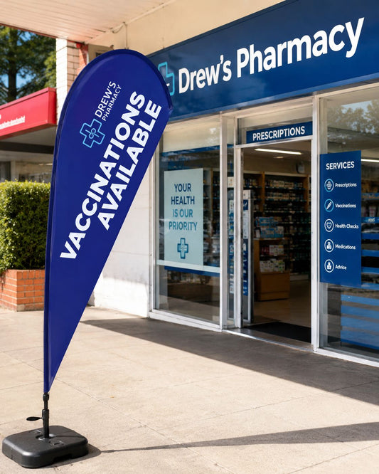 teardrop banner Melbourne chemist outdoor promotional flag example
