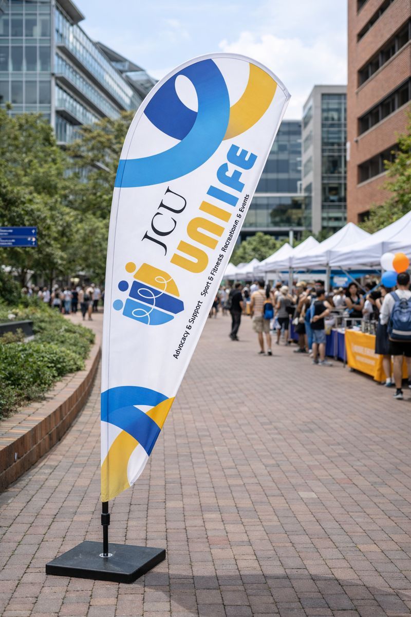 University open day teardrop banner used for student services and events