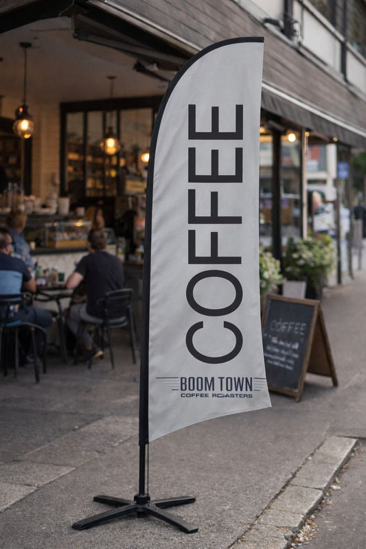 Feather banners Melbourne café promotion in moderate wind