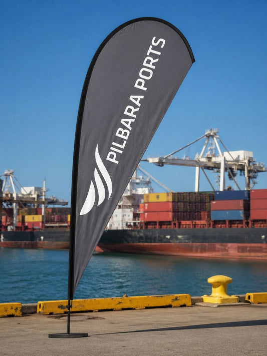 teardrop banner windy conditions australia marketing banners example