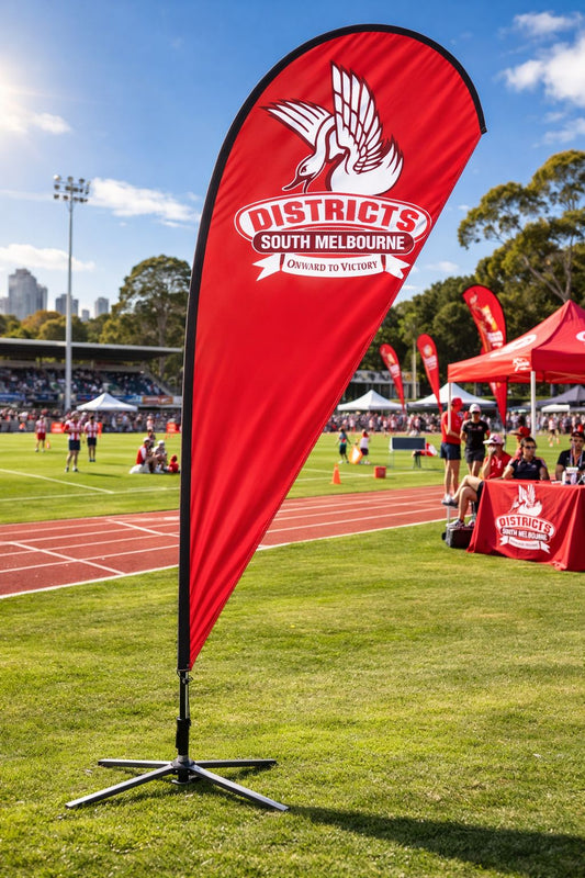 Teardrop flags and feather banners for community sports carnival