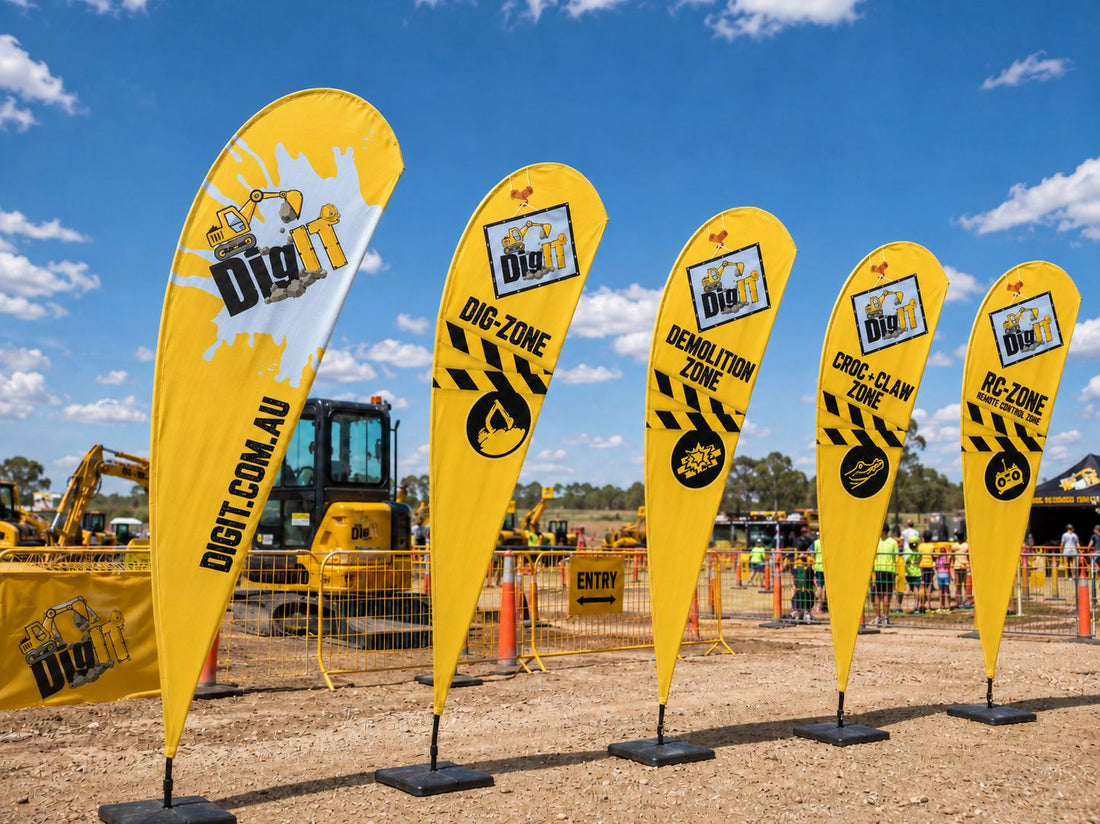 custom teardrop flags for construction site and building project branding